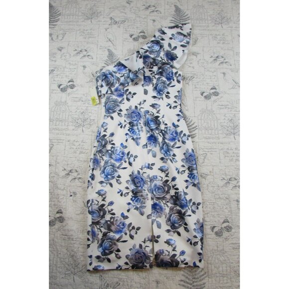 New ELIZA J Metallic One Shoulder Floral Print Ruffle Pencil Dress White Blue 2 - Picture 9 of 11